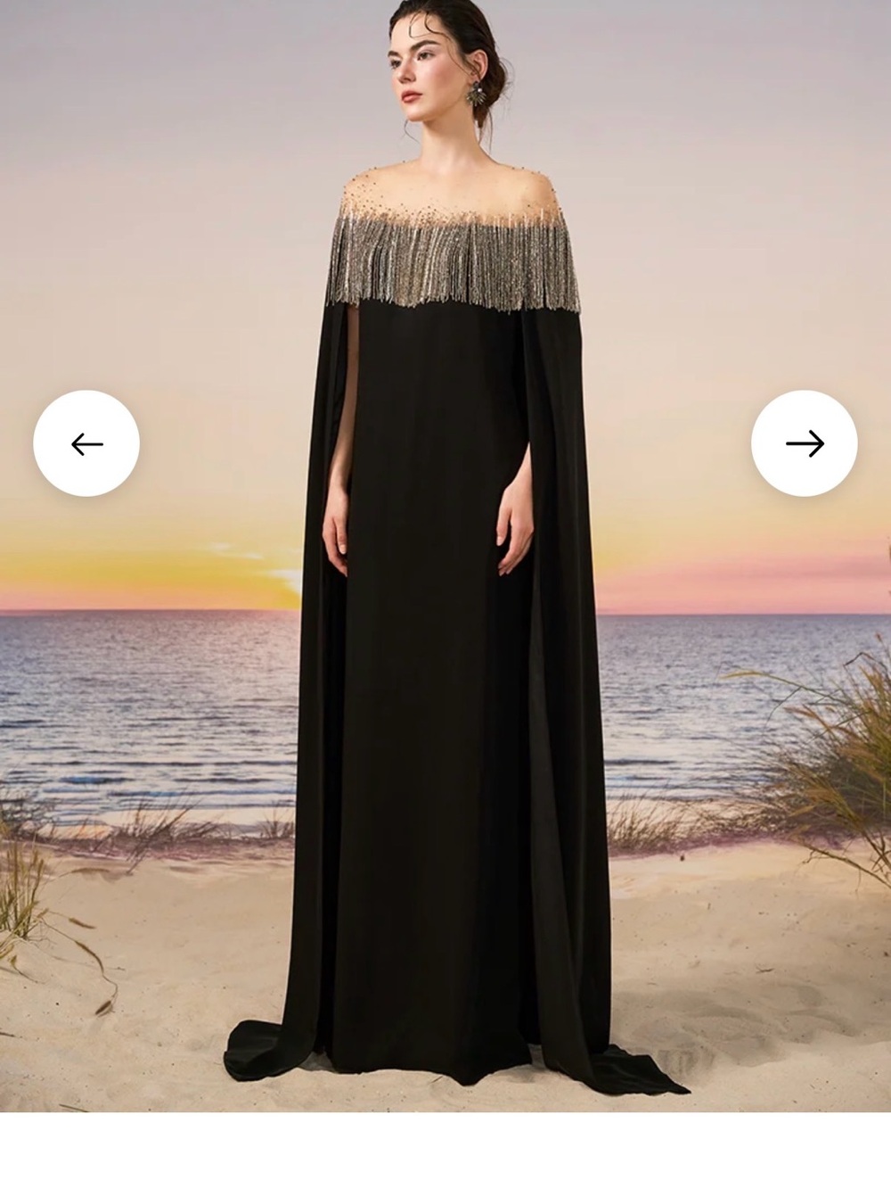 Black Off-Shoulder Evening Cape Dress with Silver Fringe - Picture 3 of 5
